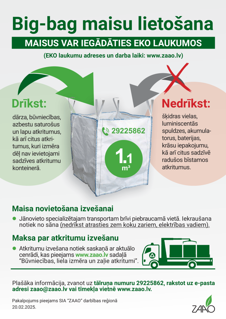 SIA "ZAAO" infografika un instrukcija "Big-bag maisu lietošana". Tajā paskaidrots, ka maisus $1.1\text{ m}^3$ tilpumā var iegādāties EKO laukumos, kā arī uzskatāmi norādīts, kādus atkritumus tajos drīkst un nedrīkst likt, kā maisu pareizi novietot izvešanai un kur meklēt informāciju par cenām un pieteikšanu.