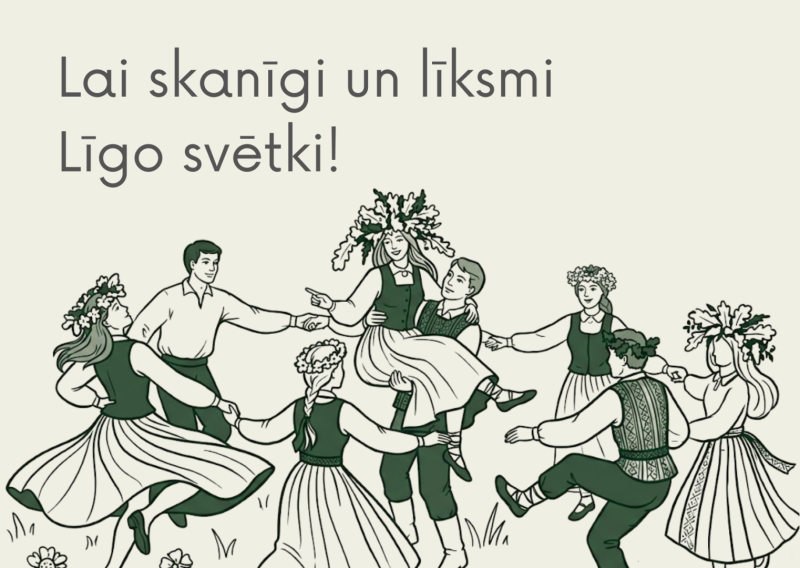 Grafiska Līgo svētku apsveikuma kartīte, kurā ilustrēti jaunieši tautas tērpos un vainagos, dejojot un svinot Jāņus. Augšpusē lasāms vēlējums "Lai skanīgi un līksmi Līgo svētki!".