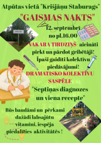 Attēlā redzama koša reklāmas afiša pasākumam "Gaismas nakts", kas notiks atpūtas vietā "Krišjāņu Staburags". Afišā redzamas arī fotogrāfijas ar Krišjāņu vietu un "Krišjāņu Staburagu", kā arī ilustrācijas – ārsts, termometrs, šļirce, zāļu blisteris un atrašanās vietas simboli.