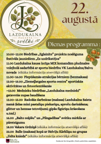 Dzeltenīgi zaļgana afiša ar lazdu riekstu attēliem. Uz tās izvietots aicinājums apmeklēt Lazdukalna pagasta svētkus. Afišas noformējums ir košs un svinīgs, radot lauku svētkiem piemērotu noskaņu.