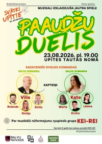 Attēlā redzama gaiši dzeltenīgi zaļa afiša, kas aicina uz “Paaudžu dueli” Upītē. Afišā ir attēloti komandu dalībnieki apaļos portretu rāmjos.