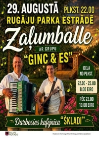 Attēlā redzama balles afiša ar grupu „Ginc un Es”, kas notiks Rugāju parkā 29. augustā. Priekšplānā redzami divi smaidīgi vīrieši baltos kreklos. Fonā redzama ēka, koki un lampiņu virtenes, kas rada siltu un svinīgu balles noskaņu.