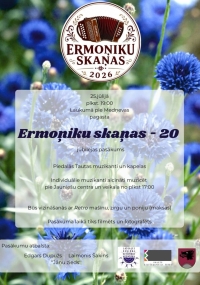 Attēlā redzamas spilgti zilas rudzupuķes un teksts, kas aicina uz tautas muzikantu festivālu ''Ermoņiku skaņas - 20"