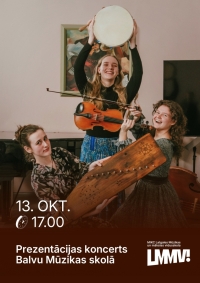 Attēlā redzamas 3 meitenes ar mūzikas instrumentiem.