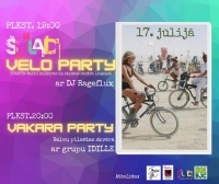 Attēlā redzams pasākuma plakāts "ŠKLADI Velo Party", kas notiek 17. jūlijā. Tajā norādīta pasākuma programma: plkst. 19.00 velo brauciens ar DJ RageFlux, bet plkst. 20.00 vakara ballīte Balvu pilsētas skvērā ar grupu IDILLE. Labajā pusē redzama fotogrāfija ar cilvēkiem, kuri brauc ar velosipēdiem, bet apakšā izvietoti pasākuma atbalstītāju logotipi.