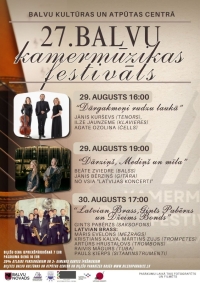 Attēlā redzama afiša ar 27. Kamermūzikas festivālu Balvos. Brūnganos, bēšīgos toņos. Pievienoti arī trīs attēli ar mūziķiem, kas uzstāsies.