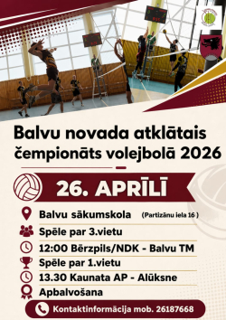 Plakāts par volejbola turnīru. Augšā redzami spēles momenti sporta zālē – spēlētāji lec un sit bumbu pāri tīklam. Zemāk teksts informē par “Balvu novada atklāto čempionātu volejbolā 2026”, kas notiks 26. aprīlī Balvu sākumskolā. Norādīti spēļu laiki: cīņa par 3. vietu plkst. 12:00 un fināls plkst. 13:30, kā arī apbalvošana un kontaktinformācija.