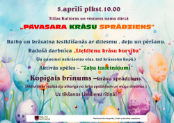 Uz krāsaina fona redzami ziedi un Lieldienu olas, kas rada košu, pavasarīgu noskaņu. Attēlā izvietots uzraksts: “Pavasara krāsu sprādziens.”