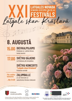 Reklāmas plakāts aicina uz XXI Latgales novada senioru dziesmu un deju festivālu "Latgale skan Krāslavā", kas notiks 2026. gada 8. augustā Krāslavā. Labajā pusē redzama Krāslavas pils saulrietā un priekšplānā ziedošas rozes. Kreisajā pusē norādīta pasākuma programma: plkst. 15.00 dievkalpojums, 17.00 svētku gājiens, pēc tam svētku koncerts, bet vakarā zaļumballe līdz pusnaktij. Plakāta apakšā izvietoti organizatoru un atbalstītāju logotipi.
