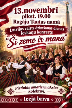 Attēlā redzami cilvēki, kas dzied un dejo tautu tērpos.
