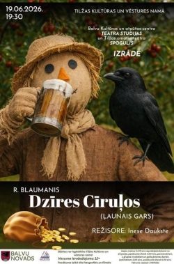 Attēlā redzama teātra izrādes reklāmas afiša. Centrā ir salmu cilvēks (biedēklis) ar cepuri, kurš rokā tur alus kausu, bet uz viņa pleca sēž melna vārna. Zemāk redzams izrādes nosaukums “Dzires Čiruļos (Ļaunais gars)” pēc R. Blaumaņa darba.