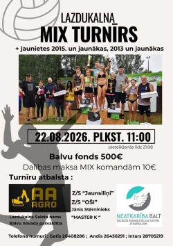 Attēlā redzams gaišs pludmales volejbola plakāts ar cilvēkiem, kas stāv uz pjedestāla ar medaļām un kausiem. Plakāta apakšā redzams sievietes siluets kustībā, servējot volejbola bumbu. Teksts aicina uz mix volejbola turnīru Lazdukalnā 22. augustā.
