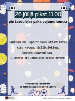 Attēlā redzams sporta pasākuma plakāts - basketbola, futbola, tenisa bumbiņas, florbola, hokeja nūjas uz tumši zila fona.