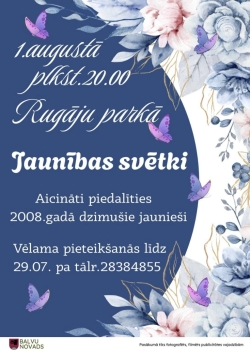 Attēlā redzams elegants, ziedu motīviem veidots pasākuma plakāts zilā, baltā un gaiši rozā krāsu gammā.  Plakāta kreisajā pusē ir tumši zils ovāls laukums ar baltu tekstu, kas aicina uz Jaunības svētkiem Rugājos, 1. augustā, bet labo malu rotā akvareļa stilā zīmēti ziedi zilganos un gaiši rozā toņos ar smalkām zeltainām lapu kontūrām. Uz plakāta izvietoti arī vairāki mazi violeti tauriņi, kas piešķir vieglu un svinīgu noskaņu.