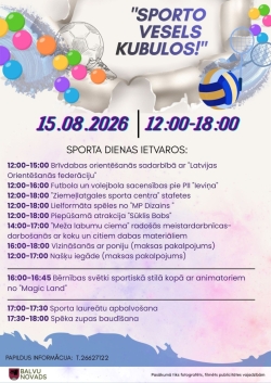 Attēlā redzama krāsaina afiša sporta dienai “Sporto vesels Kubulos!”. Tajā attēloti dažādi sporta atribūti un norādīts, ka pasākums notiks 2026. gada 15. augustā no plkst. 12.00 līdz 18.00. Programmā paredzētas sporta sacensības, stafetes, orientēšanās, bērnu aktivitātes, radošās darbnīcas, apbalvošana un kopīga spēka zupas baudīšana.