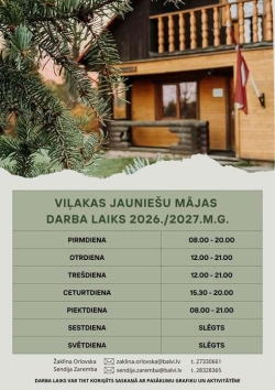 Attēlā redzama māja un darba laiks