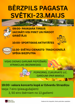 Koši dzeltens afišas plakāts par Bērzpils pagasta svētki. Augšpusē lieliem melniem burtiem rakstīts pasākuma nosaukums un datums. Vidū redzama neliela Bērzpils panorāmas fotogrāfija. Plakātā uzskaitīta dienas programma: pavasara tirgus, sportiskas aktivitātes, svētku cienasts un vakara koncerts ar Edvards Strazdiņš. Apkārt izvietotas rotaļīgas ilustrācijas — zoss ar tirgus grozu, skrienoša figūra, bļoda ar putru, piepūšamā atrakcija un popkorna zīmējumi. Apakšā zaļā laukā norādītas koncerta ieejas cenas.