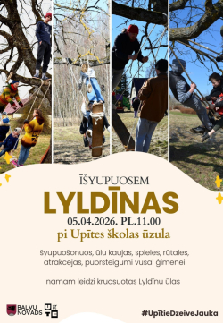 Šis ir krāsains afišas attēls par Lieldienu pasākumu.  Augšējā daļā redzamas vairākas fotogrāfijas, kurās cilvēki ārā šūpojas kokos piekārtās šūpolēs. Redzami gan bērni, gan pieaugušie – daži stāv vai sēž uz koka dēļiem, citi šūpojas virvēs. Apkārt ir kaili koku zari, kas liecina par agru pavasari. Debesis ir zilas, un vide izskatās kā lauku teritorija ar zāli un dažām ēkām fonā. Cilvēki ir silti ģērbti – jakās, cepurēs, sporta apavos.
