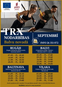 TRX nodarbību plakāts septembrim. Brūnos un zilgans toņos.