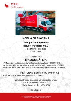Attēlā redzams sarkans liela kravas mašīna uz ēkas fona, aicinājums uz mamogrāfa izmeklējumiem.