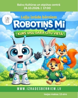 Izrāde par robotiņu Mi un viņa draugiem, redzams robitiņš un dzīvnieciņi 
