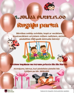 Attēlā redzams krāsains plakāts bērnības svētkiem. Plakāts dekorēts ar krāsainiem baloniem, mārītēm, šūpolēs sēdošiem bērniem un dāvanu kastēm.