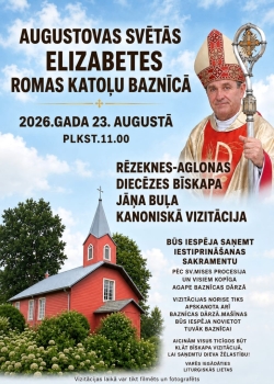 Plakātā redzama sarkana katoļu baznīca, bīskaps liturģiskajā tērpā un baznīcas dārzs. Tajā izziņota Aglonas Svētās Elizabetes Romas katoļu baznīcas bīskapa Jāņa Buļa kanoniskā vizitācija 2026. gada 23. augustā.