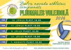 Attēlā redzams reklāmas plakāts par pludmales volejbola čempionātu 2026. Tajā norādīti pieci posmi ar datumiem un laikiem (jūnijā, jūlijā un augustā plkst. 18.00), norises vietas Balvu un Viļakas pludmales volejbola laukumos, kā arī dalības maksa – 10 eiro. Plakātā ir volejbola bumbas ilustrācija, sporta centra logotips un kontaktinformācija galvenajam tiesnesim. Ir arī norāde, ka pasākuma laikā tiks fotografēts un filmēts.