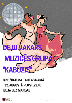 Attēlā redzama balles afiša ar divām dejojošām sievietēm plandošās kleitās. Fonā diskobumba.