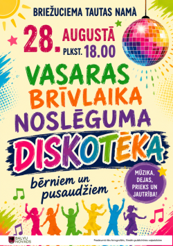 Attēlā redzama krāsaina diskotēkas afiša. Labajā augšējā stūrī krāsaina diskobumba. Apakšā krāsaini silueta cilvēki. 