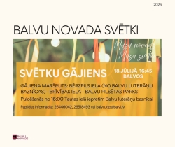 Attēlā redzams Balvu novada svētku 2026 reklāmas vizuālis. Tajā attēlota vasarīga svētku atmosfēra brīvā dabā – cilvēku pulcēšanās, izgaismotas teltis, dekoratīvās lampiņas, karodziņu virtenes.