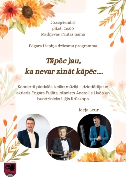 Uz gaiša fona redzami dzelteni ziedi, tumšiem burtiem uzrakstīts teksts.