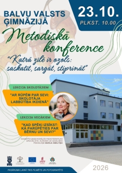 Attēlā redzama skola un un sieviete.