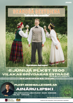 Attēlā redzams reklāmas plakāts pasākumam “Skanošā sestdiena” ar saukli “Lobs ar lobu sazatikā”. Centrā redzami trīs cilvēki tautastērpos pļavā — divas sievietes pūš pieneņu pūkas uz smaidošu vīrieti. Plakātā norādīts, ka pasākums notiks 6. jūnijā plkst. 19.00 Viļakas brīvdabas estrādē. Pēc tam paredzēta balle kopā ar Ainārs Lipskis. Apakšā redzami arī pasākuma organizatoru un atbalstītāju logotipi.