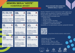 Informatīvs plakāts par Senioru skolas "Azote" nodarbībām Balvu novadā 2026. gada oktobrī. Plakātā norādīti nodarbību datumi, laiki, vietas, tēmas