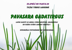 Gaiši pelēks fons ar attēlā redzamiem zaļiem zāles stiebriem. Uz šī fona izvietots teksts, kas aicina apmeklēt pavasara gadatirgu Tilžā.