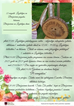 Attēlā redzams pasākuma plakāts, kas aicina uz Briežuciema un Lazdulejas dienu 22. augustā. Plakātā ir ziedu dekoratīvs fons un fotogrāfija ar koka pulksteni, uz kura rakstīts "Laimes pulkstenis". Tajā norādīta dienas programma: izstādes atklāšana, tikšanās un sarunas, aktivitātes bērniem, tirdziņš, koncerts, dejas un citi svētku pasākumi. Apakšā redzams Balvu novada logotips un norāde, ka pasākuma laikā notiks fotografēšana un filmēšana publicitātes vajadzībām.