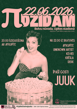 Attēlā redzams pasākuma "Līzidam" plakāts. Tas reklamē pasākumu, kas notiks 2026. gada 22. jūnijā Upītes stadionā Bolvu novadā. Plakātā ir retro stila sievietes attēls ar popkorna grozu. Norādīta programma ar muzikāliem izpildītājiem, tostarp "Unknown Artist", "KEI-REI", "Krēsla", "DEKK" un īpašajiem viesiem "JUUK".