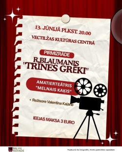 Attēlā redzams teātra izrādes plakāts. Tajā informēts, ka 13. jūnijā plkst. 20.00 Vectilžas kultūras centrā notiks pirmizrāde R. Blaumaņa lugai "Trīnes grēki", ko iestudējis amatierteātris "Melnais kaķis". Režisore ir Valentīna Kaļāne, bet ieejas maksa – 3 eiro. Plakātu rotā kino kameras un filmu lentes elementi.