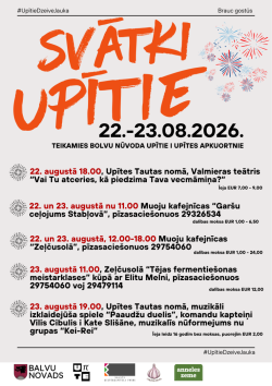 Attēlā redzama gaiša svētku afiša. Lieliem, spilgti oranžiem burtiem rakstīts: SVĀTKI UPĪTIE