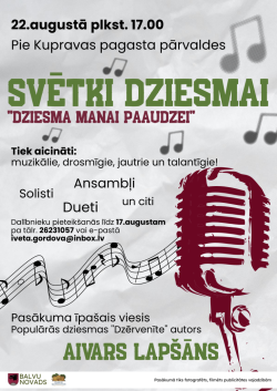 Uz gaiši pelēka fona redzama afiša ar lielu bordo mikrofonu, mūzikas notīm un nošu līnijām. Virsraksts “Svētki dziesmai” izcelts zaļā krāsā. Teksts informē par muzikālu pasākumu Kupravā, kurā aicināti piedalīties solisti, dueti, ansambļi un citi izpildītāji. Afišas apakšā redzami Balvu novada un Viļakas Kultūras nama logotipi.