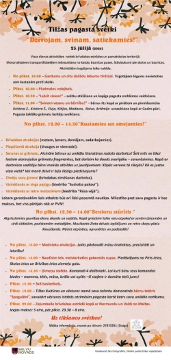 Attēlā redzams Tilžas pagasta svētku plakāts gaišos, ziedu motīvos ieturētos toņos. Virsraksts vēsta: “Dzīvojam, svinam, satiekamies!”, pasākums notiks 25. jūlijā 2026. gadā.