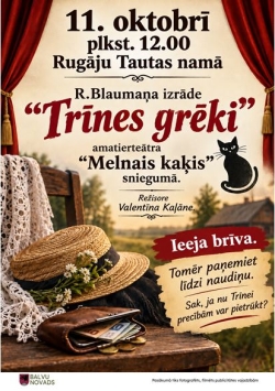 Melns kaķis uz lauku vides fona, afiša izrādei "Trīnes grēki"