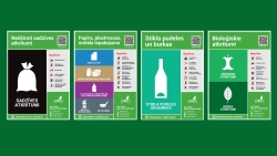 Attēlā redzamas atkritumu konteineru uzlīmes.