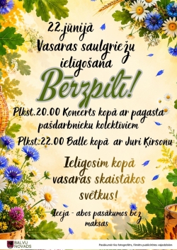 Vasaras saulgriežu ielīgošanas afiša. Fonā redzamas jāņuzāles. 