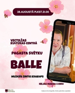 Attēlā redzams balles plakāts. Rozā fonu rotā rozā ziediņi. Plakātā attēlots melns telefons, kura ekrānā redzama mūziķa fotogrāfija. Mūziķis ir ģērbies baltā kreklā.