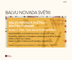 Attēlā redzams reklāmas plakāts par Balvu novada svētku zolītes turnīru. Fonā redzamas spēļu kārtis, virs kurām izvietots dzeltens informācijas laukums ar pasākuma aprakstu. Plakātā norādīts, ka turnīrs notiks 2026. gada 18. jūlijā no plkst. 11.00 līdz 15.20 Balvu pilsētas parkā. Reģistrācija paredzēta no 10.00 līdz 10.55, dalība ir bez maksas un aicināts piedalīties ikviens interesents neatkarīgi no pieredzes. Plakāta apakšā redzams Balvu novada logotips.