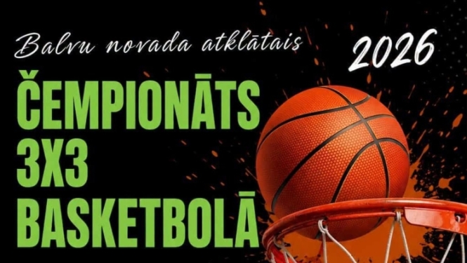Attēlā redzama afiša, kas aicina piedalīties Balvu novada atklātajā 3x3 basketbola čempionātā 2026. Turnīrs notiks 17. jūlijā Balvos, Tirgus ielā pie skvēra, Balvu novada svētku ietvaros. Spēļu sākums paredzēts plkst. 15.00 (1. un 2. grupa) un plkst. 18.00 (3. un 4. grupa). Afišā redzama basketbola bumba grozā un uzsvērts aicinājums "Finālā posms!". Norādīts arī, ka citu novadu komandām dalības maksa finālposmā ir 10,00 EUR.