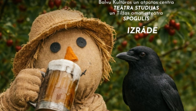 Attēlā redzama salmu lelle, kas paceltu alus kausu dzer alu, radot dzīvīgu un nedaudz rotaļīgu noskaņu. Uz tās pleca nosēdies melns krauklis, piešķirot ainai simbolisku un noslēpumainu akcentu. Blakus redzams izbiris naudas maisiņš. Teksts aicina uz R. Blaumaņa "Dzīres Cīruļos" izrādi.