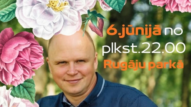 Attēlā redzams vasaras sezonas atklāšanas zaļumballes plakāts ar ziedu dekorācijām un vīrieša portretu centrā. Pasākums notiks 6. jūnijā no plkst. 22.00 Rugāju parks. Plakātā reklamēta Vasaras sezonas atklāšanas zaļumballe ar mūziķi Juris Kirsons. Norādītas arī ieejas cenas un informācija, ka darbosies kafejnīca “Škladi”. Apakšā redzams Balvu novads logo un piezīme par fotografēšanu un filmēšanu publicitātes vajadzībām.